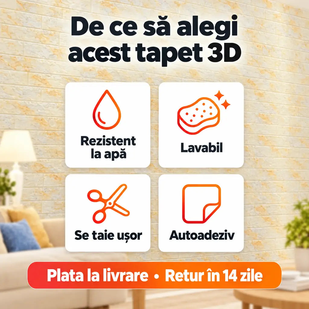 Beneficii tapet 3D T59-V2: rezistent la apă, lavabil, se taie ușor, autoadeziv