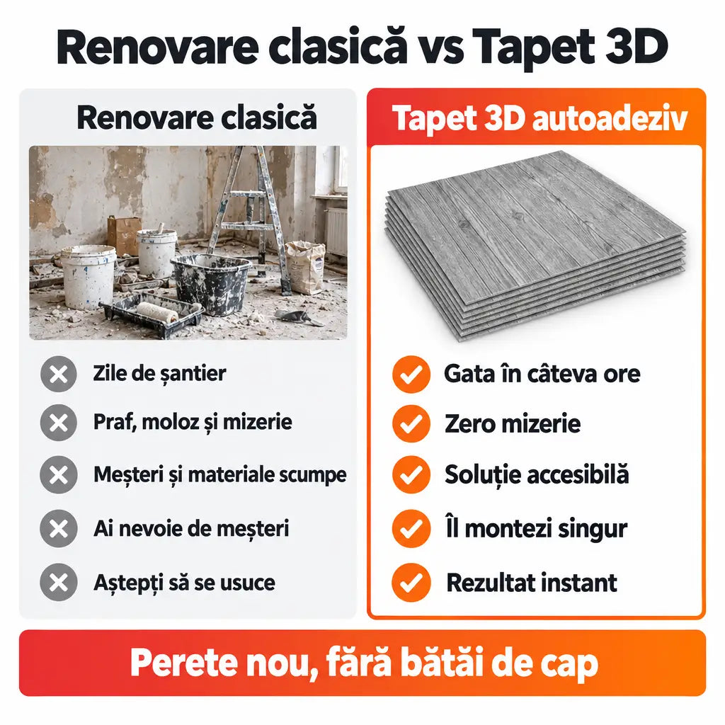 Renovare clasică vs tapet 3D autoadeziv lemn gri