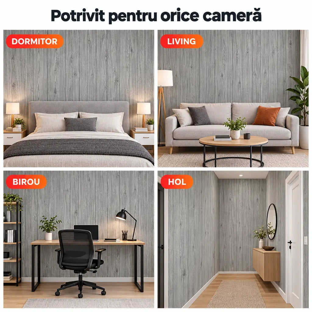 Tapet 3D lemn gri în dormitor, living, birou și hol