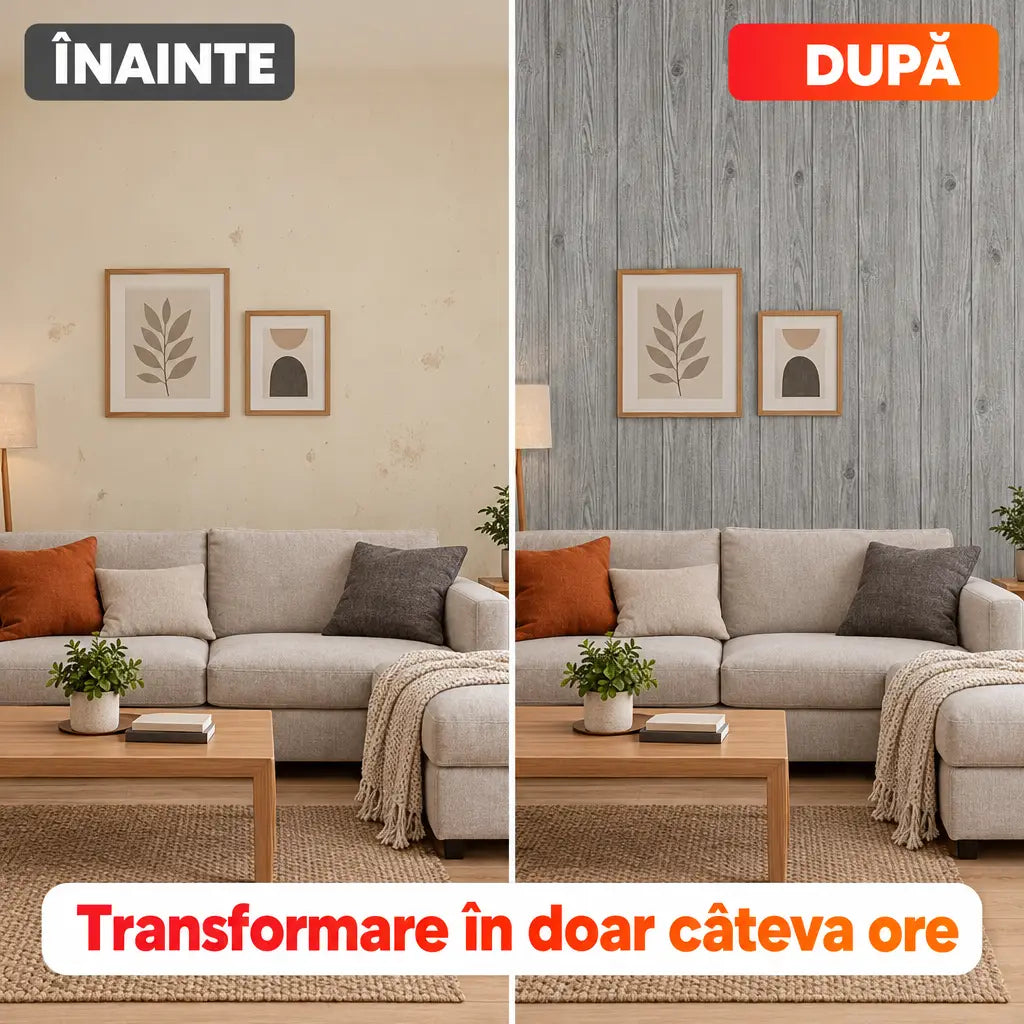 Înainte și după montaj tapet 3D lemn gri în living