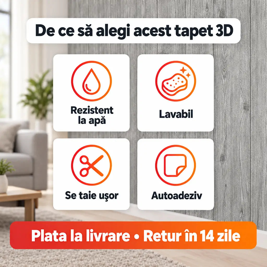 Beneficii tapet 3D lemn gri: rezistent la apă, lavabil, se taie ușor, autoadeziv