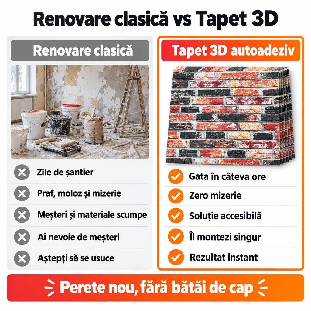 Renovare clasică vs tapet 3D autoadeziv cărămizi multicolor