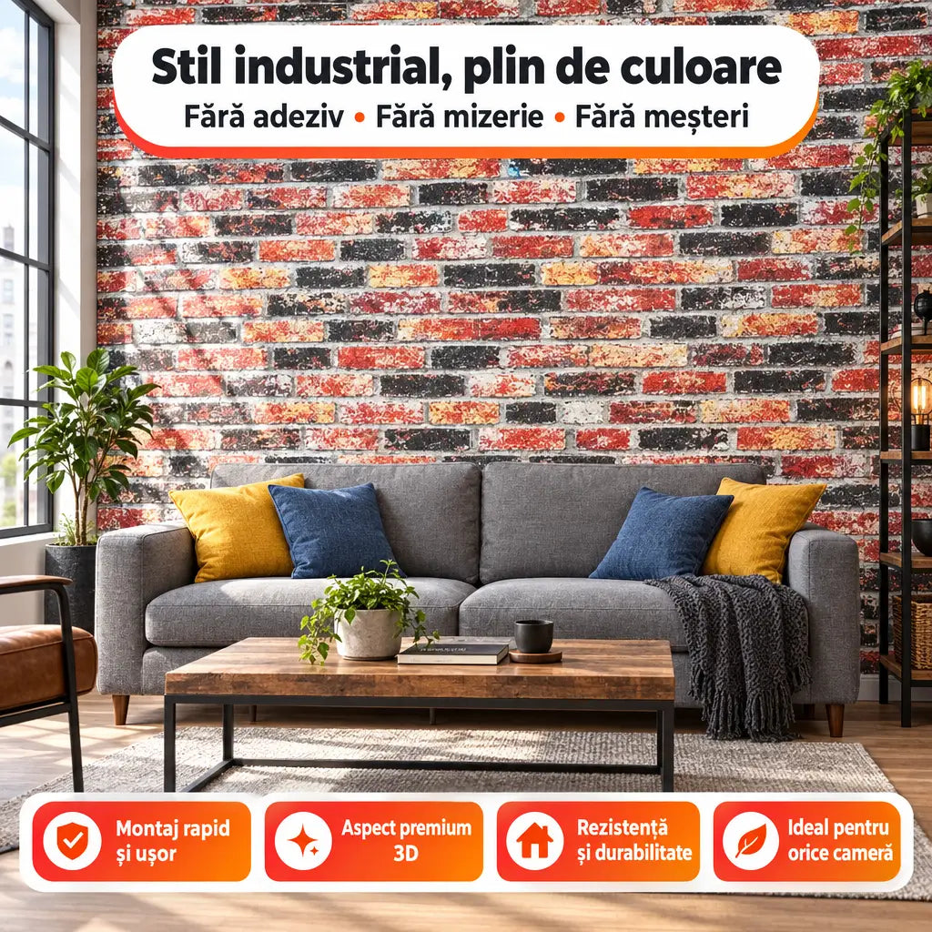 Tapet 3D autoadeziv cărămizi abstracte multicolor T86 în living industrial