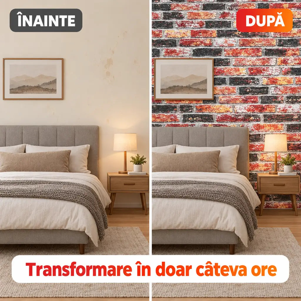 Înainte și după montaj tapet 3D cărămizi multicolor în dormitor