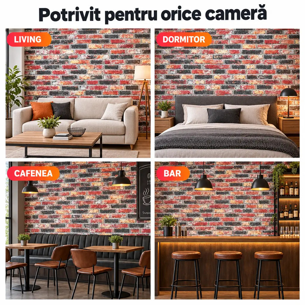 Tapet 3D cărămizi multicolor în living, dormitor, cafenea și bar