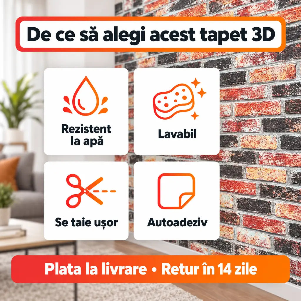 Beneficii tapet 3D cărămizi multicolor: rezistent la apă, lavabil, se taie ușor, autoadeziv
