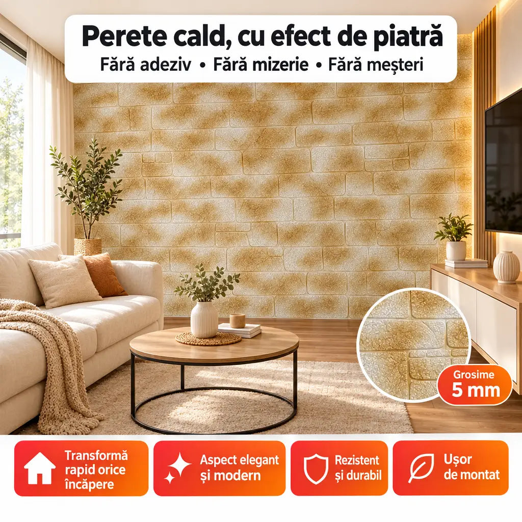 Tapet 3D imitație cărămidă TG-027 în living – perete cald, cu efect de piatră