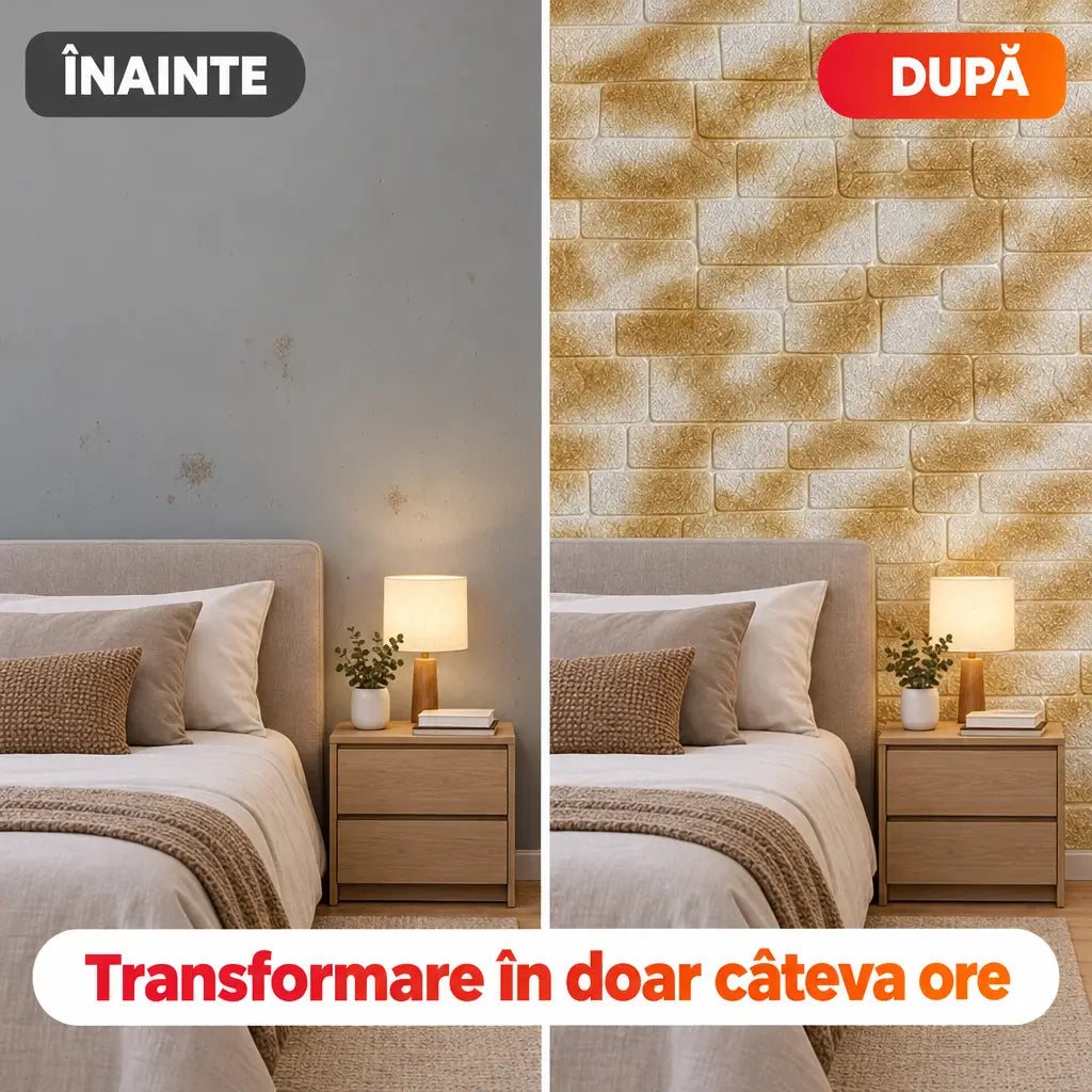 Înainte și după montajul tapetului 3D cărămidă TG-027