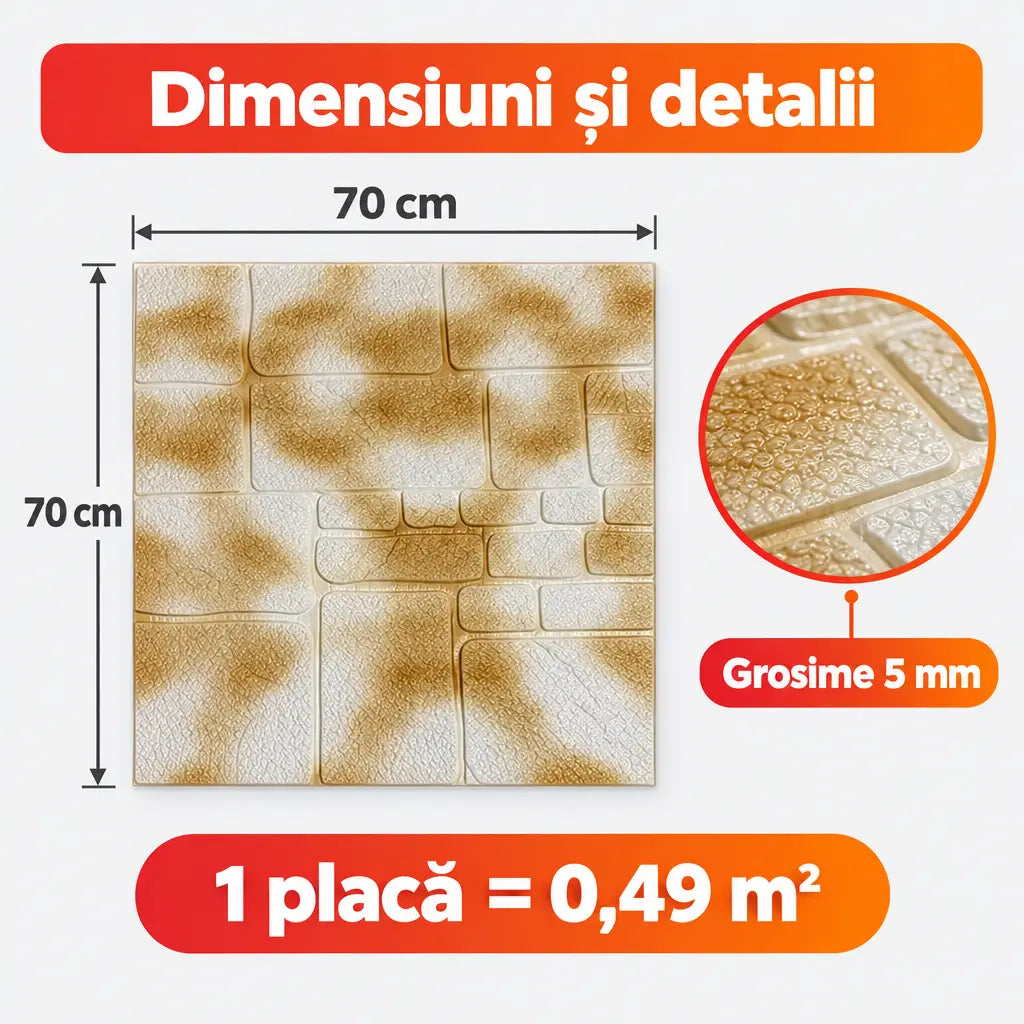 Dimensiuni placă tapet 3D TG-027: 70x70 cm, 5 mm, 0,49 m²