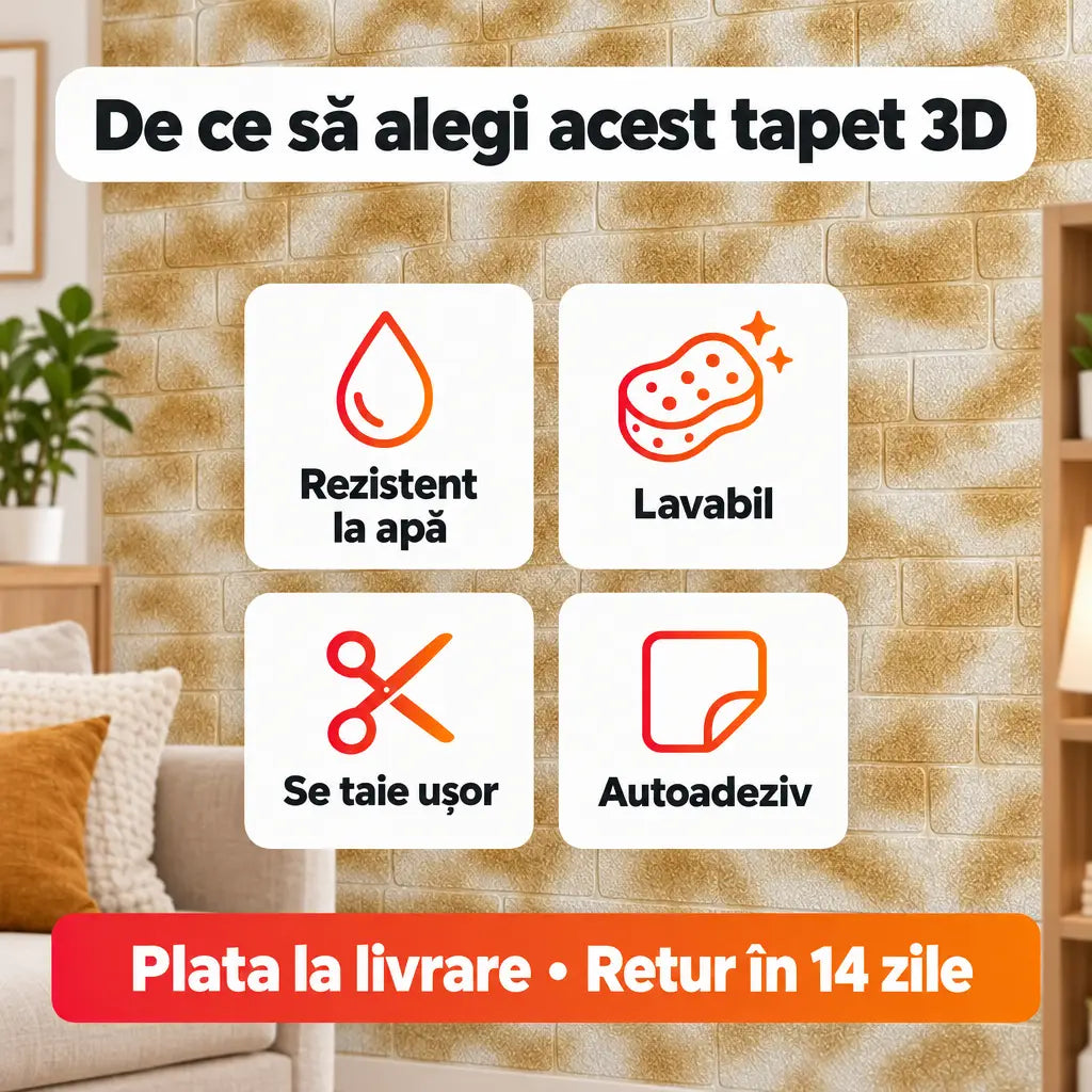 Avantaje tapet 3D: rezistent la apă, lavabil, se taie ușor, autoadeziv