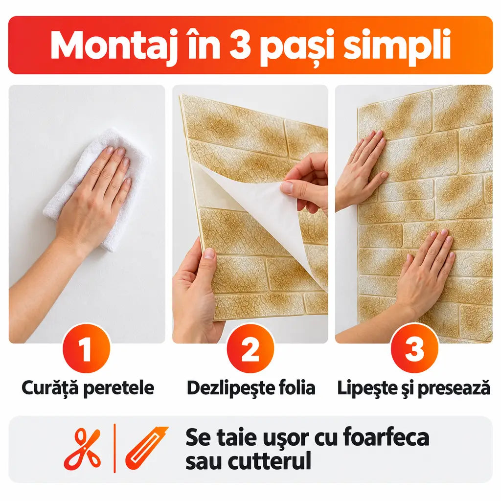 Montaj tapet 3D autoadeziv în 3 pași simpli