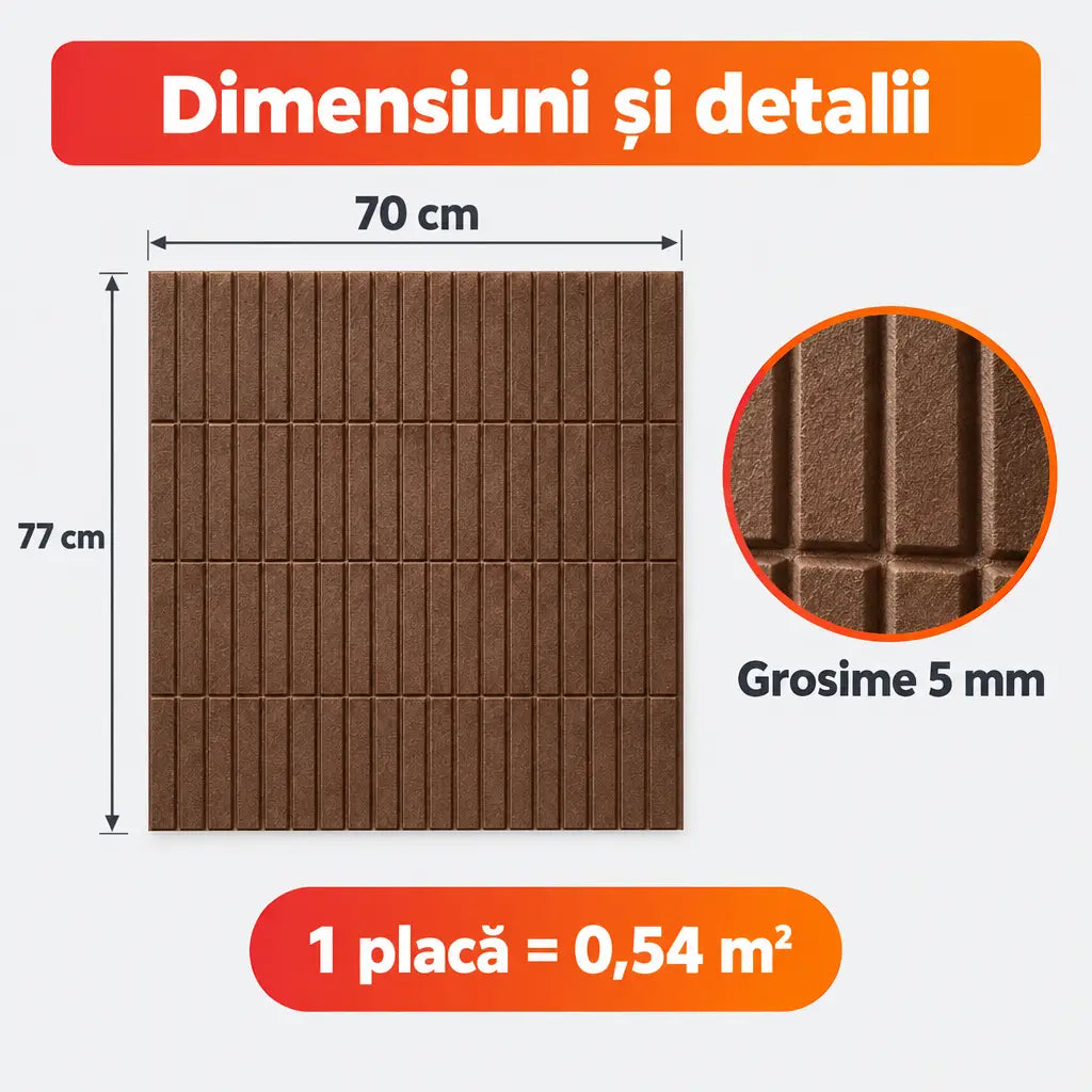 Dimensiuni placă tapet 3D dreptunghiuri maro: 70x77 cm, 5 mm, 0,54 m²