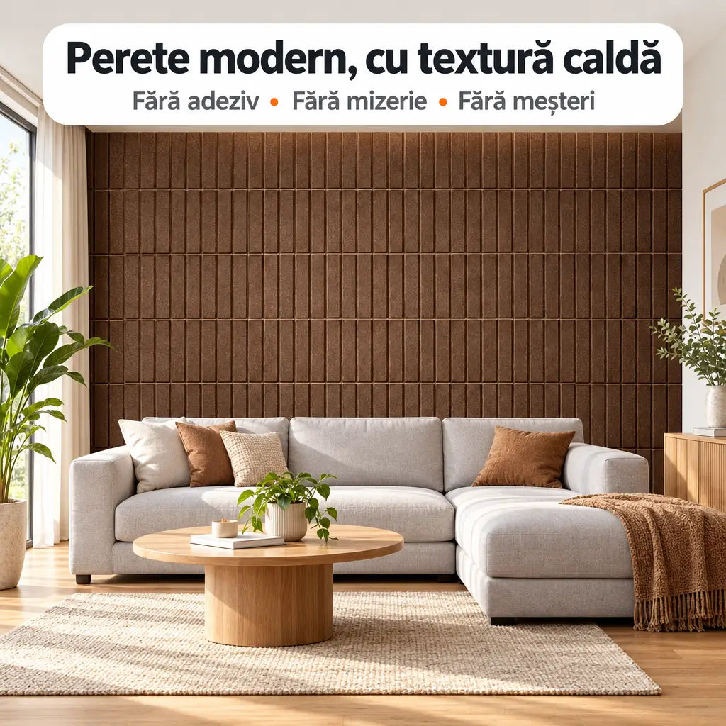 Tapet 3D dreptunghiuri maro în living – perete modern, cu textură caldă