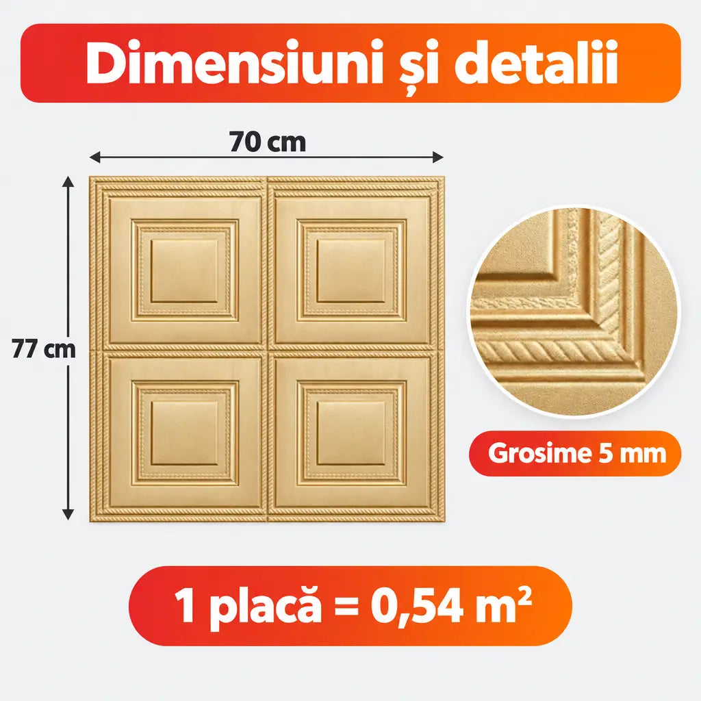 Dimensiuni placă tapet 3D pătrate auriu: 70x77 cm, 5 mm, 0,54 m²
