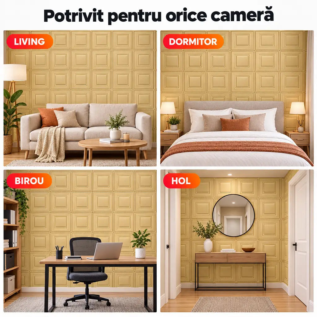 Tapet 3D auriu potrivit pentru living, dormitor, birou și hol