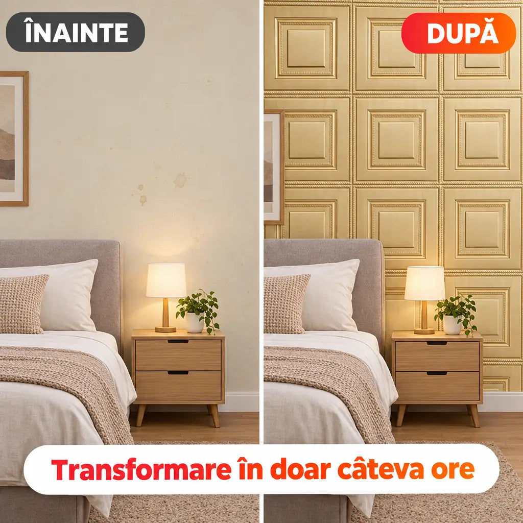 Înainte și după montajul tapetului 3D pătrate auriu
