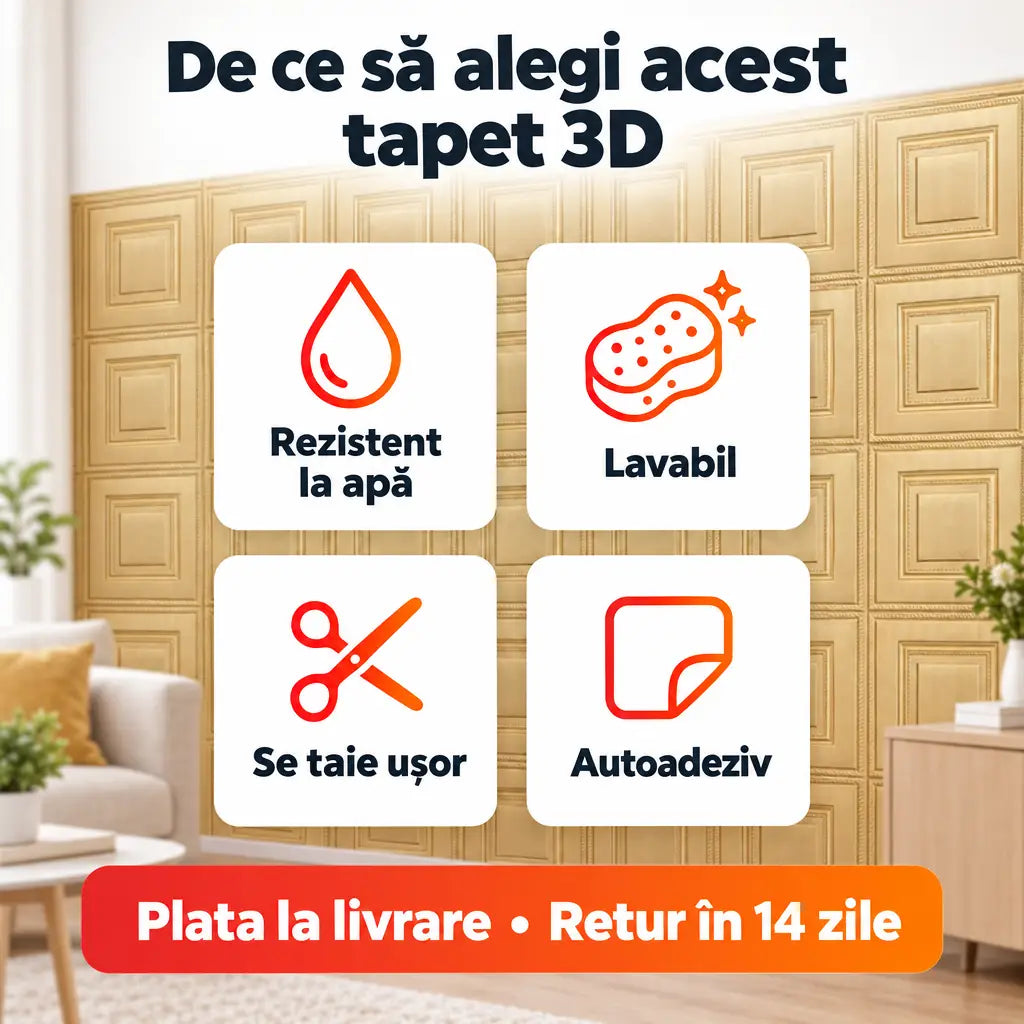 Avantaje tapet 3D: rezistent la apă, lavabil, se taie ușor, autoadeziv