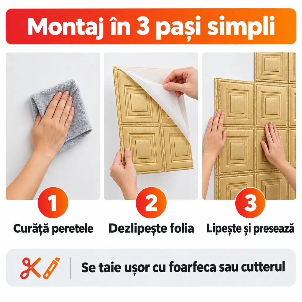 Montaj tapet 3D autoadeziv în 3 pași simpli