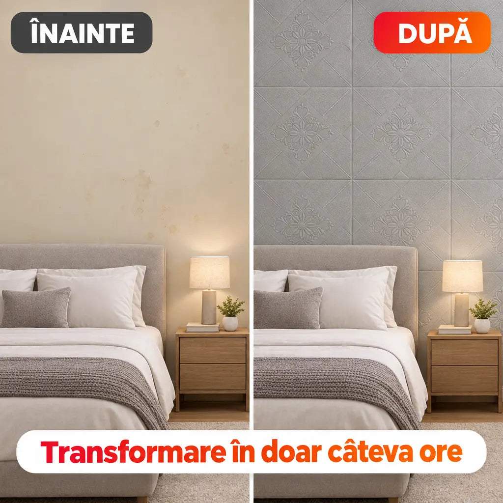 Înainte și după montajul tapetului 3D ornamental gri