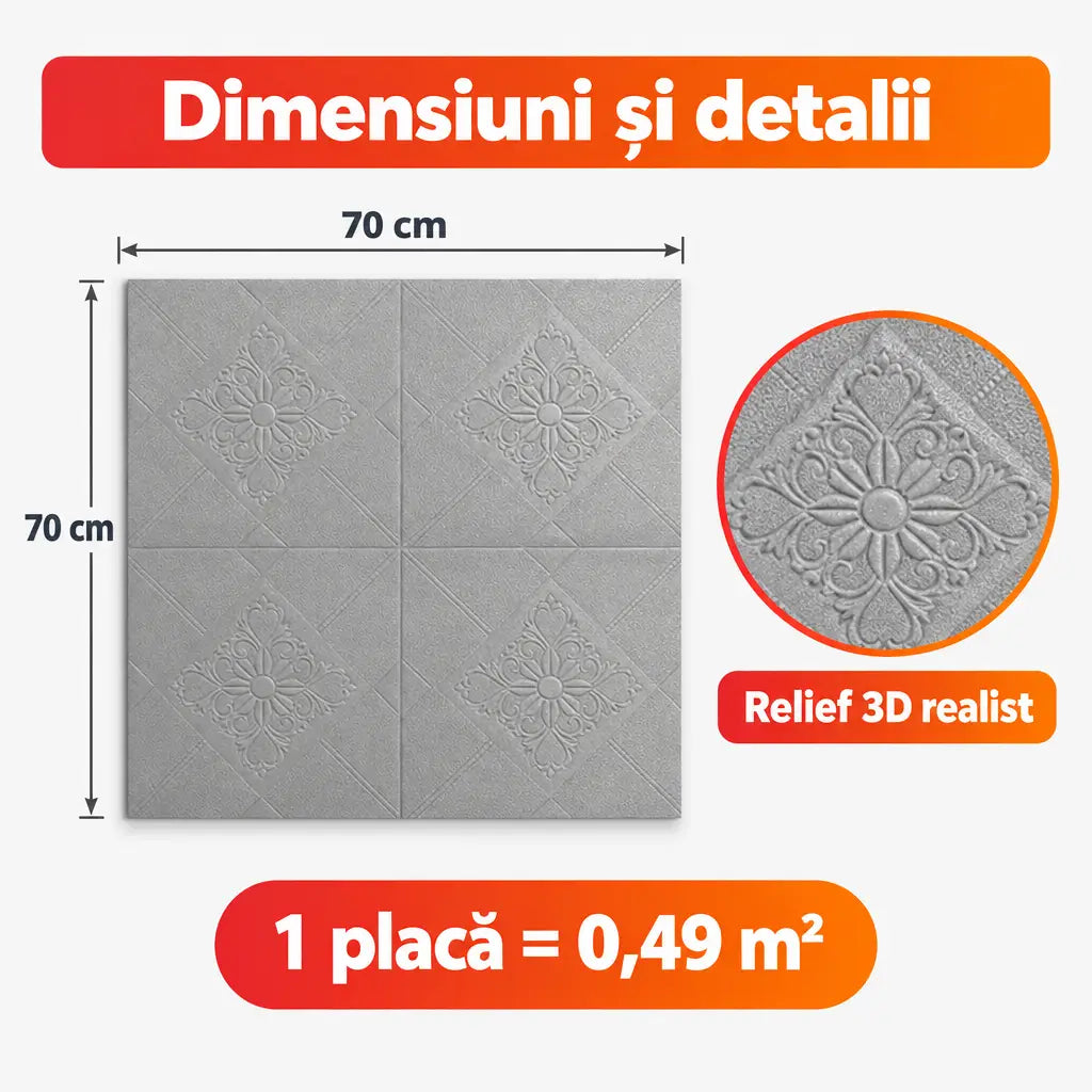 Dimensiuni placă tapet 3D ornamental gri: 70x70 cm, 0,49 m²
