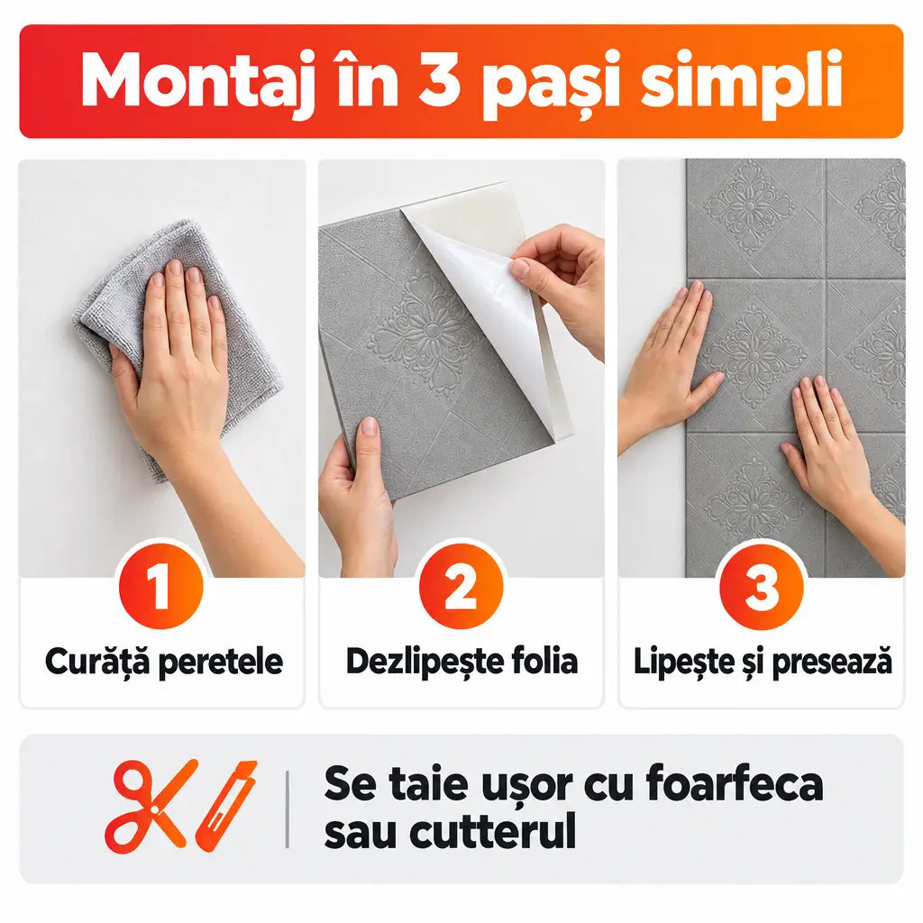 Montaj tapet 3D autoadeziv în 3 pași simpli