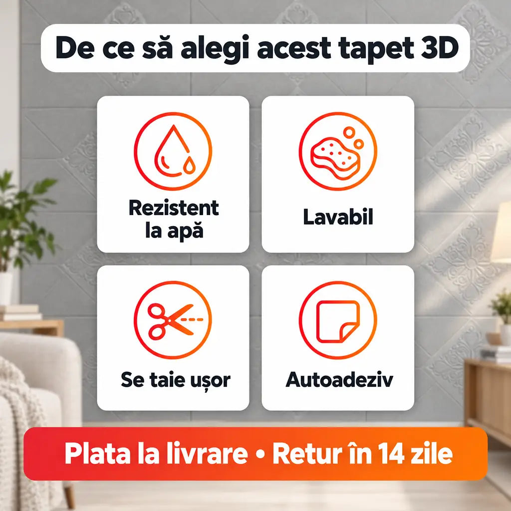 Avantaje tapet 3D: rezistent la apă, lavabil, se taie ușor, autoadeziv