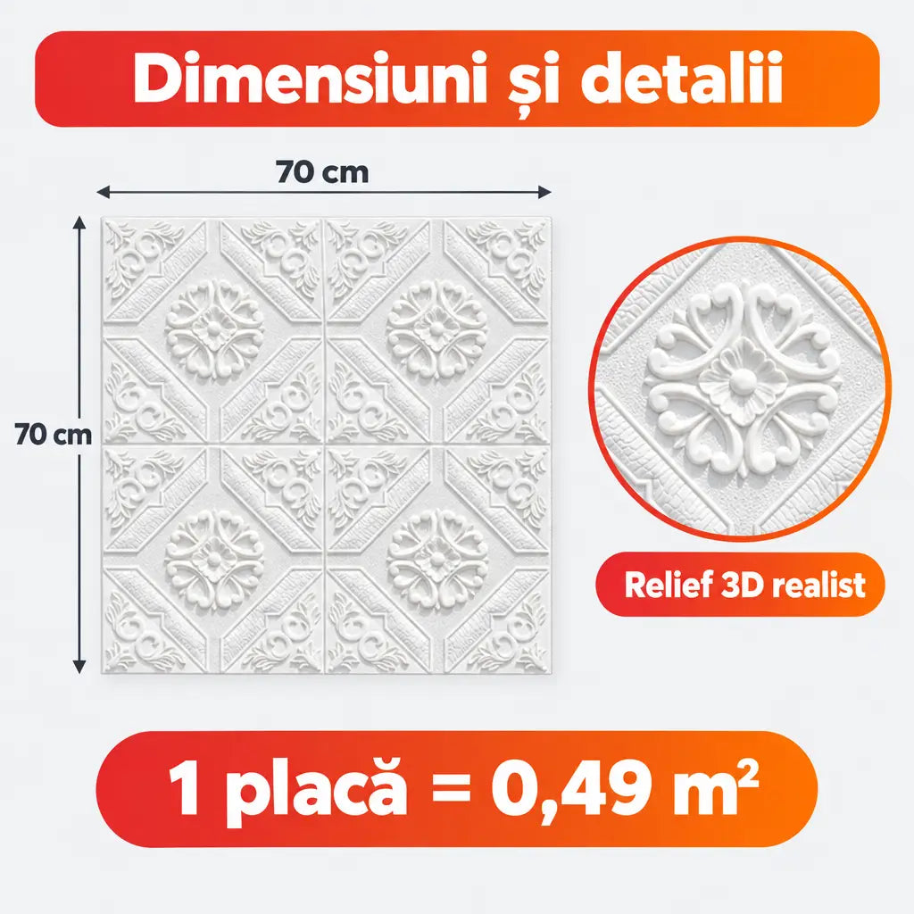 Dimensiuni placă tapet 3D romburi alb: 70x70 cm, 0,49 m²