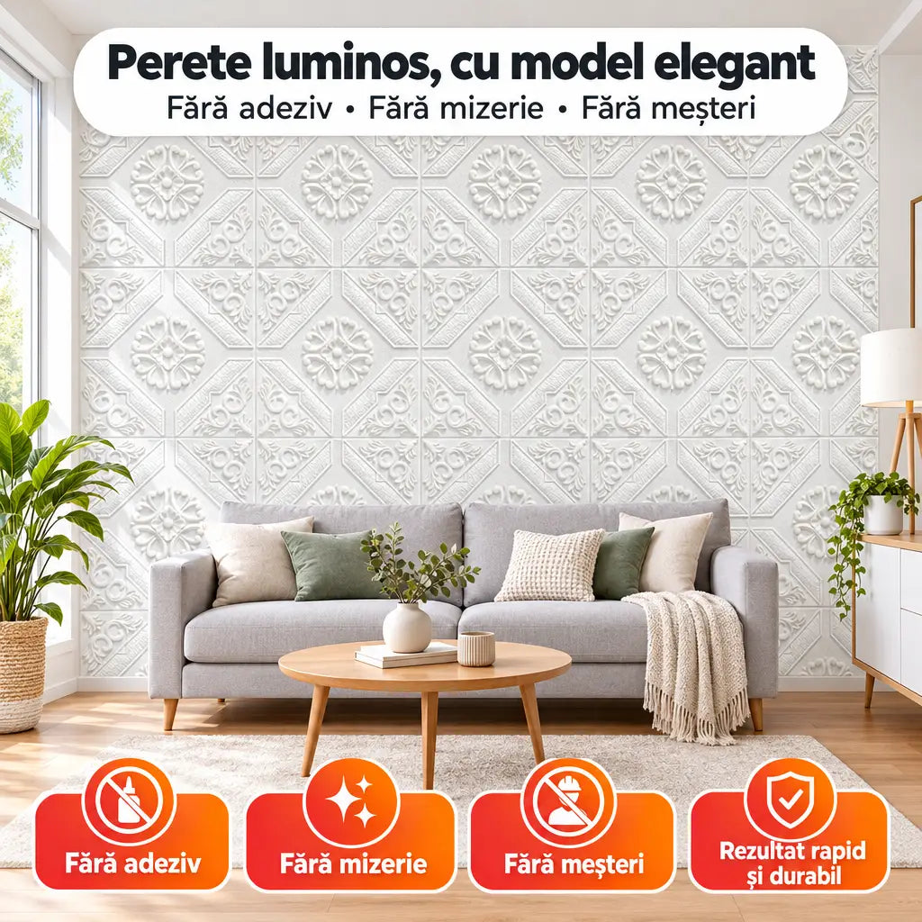 Tapet 3D model romburi alb T9 în living – perete luminos, cu model elegant