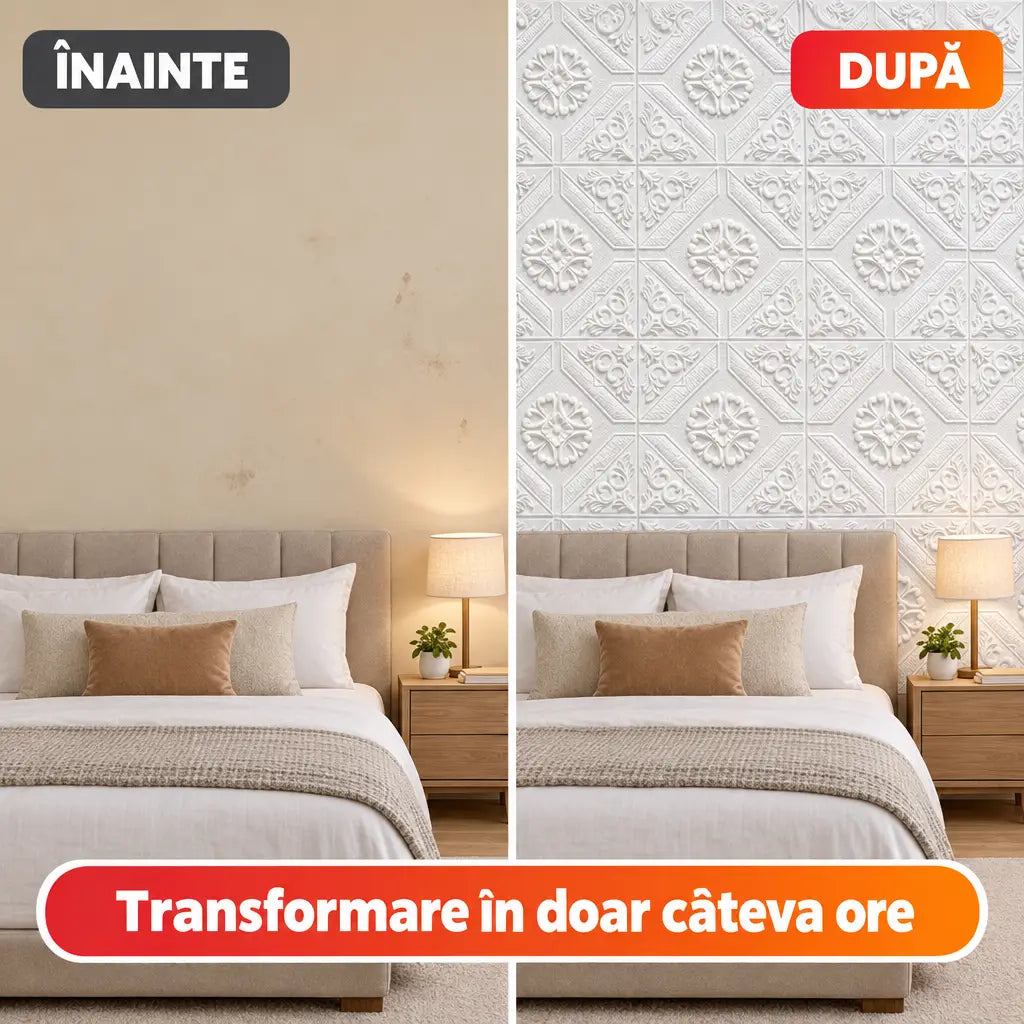 Înainte și după montajul tapetului 3D romburi alb