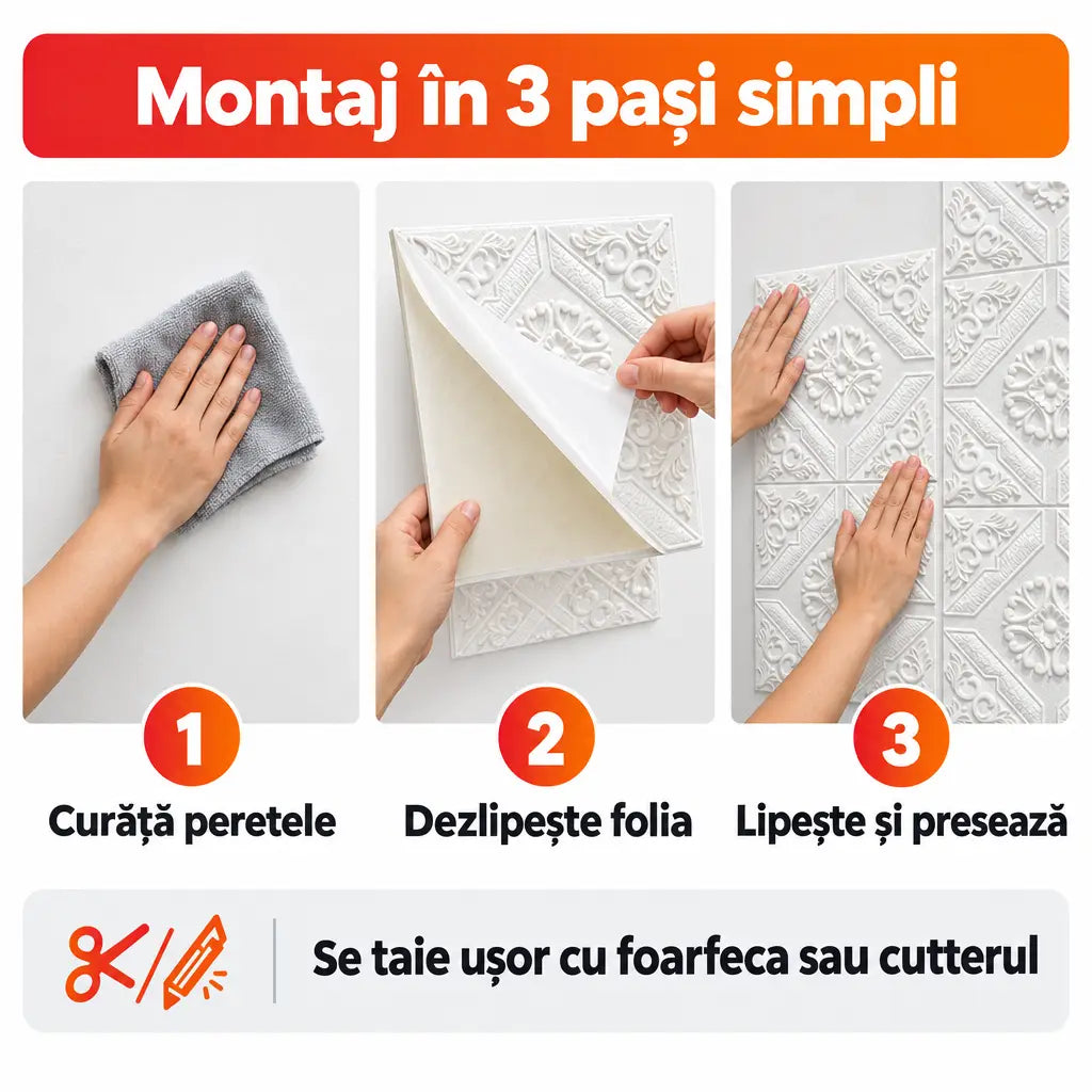 Montaj tapet 3D autoadeziv în 3 pași simpli