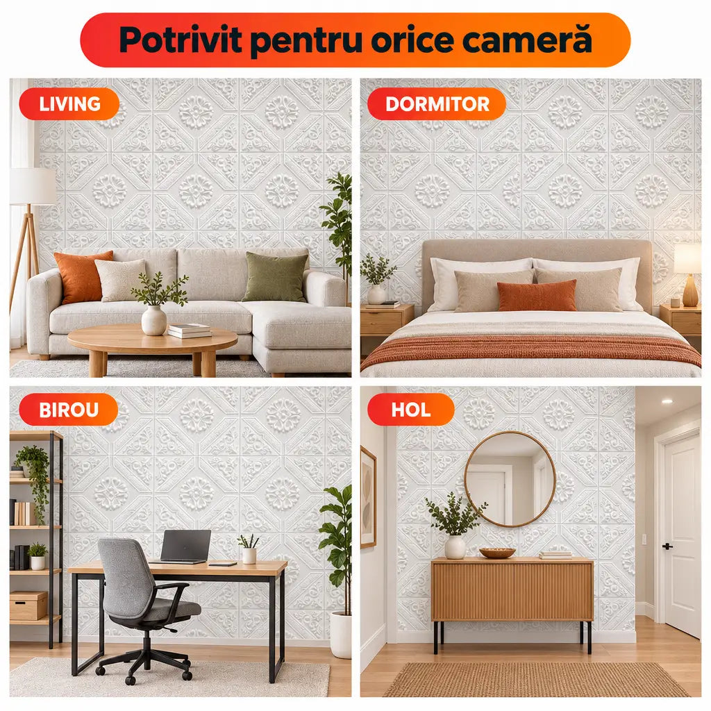 Tapet 3D alb potrivit pentru living, dormitor, birou și hol