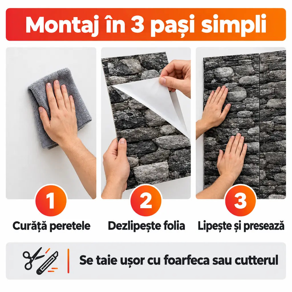 Montaj tapet 3D autoadeziv în 3 pași simpli