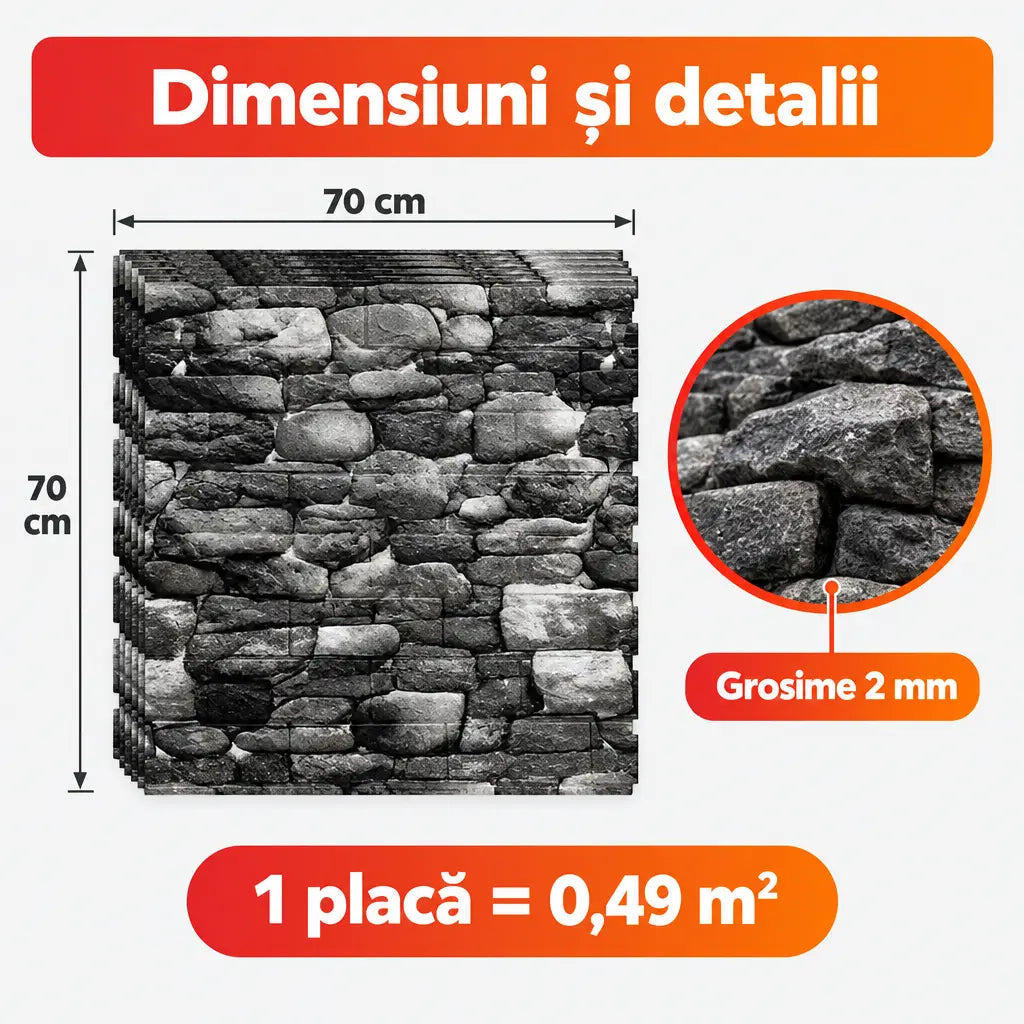 Dimensiuni placă tapet 3D T96: 70x70 cm, 2 mm, 0,49 m²