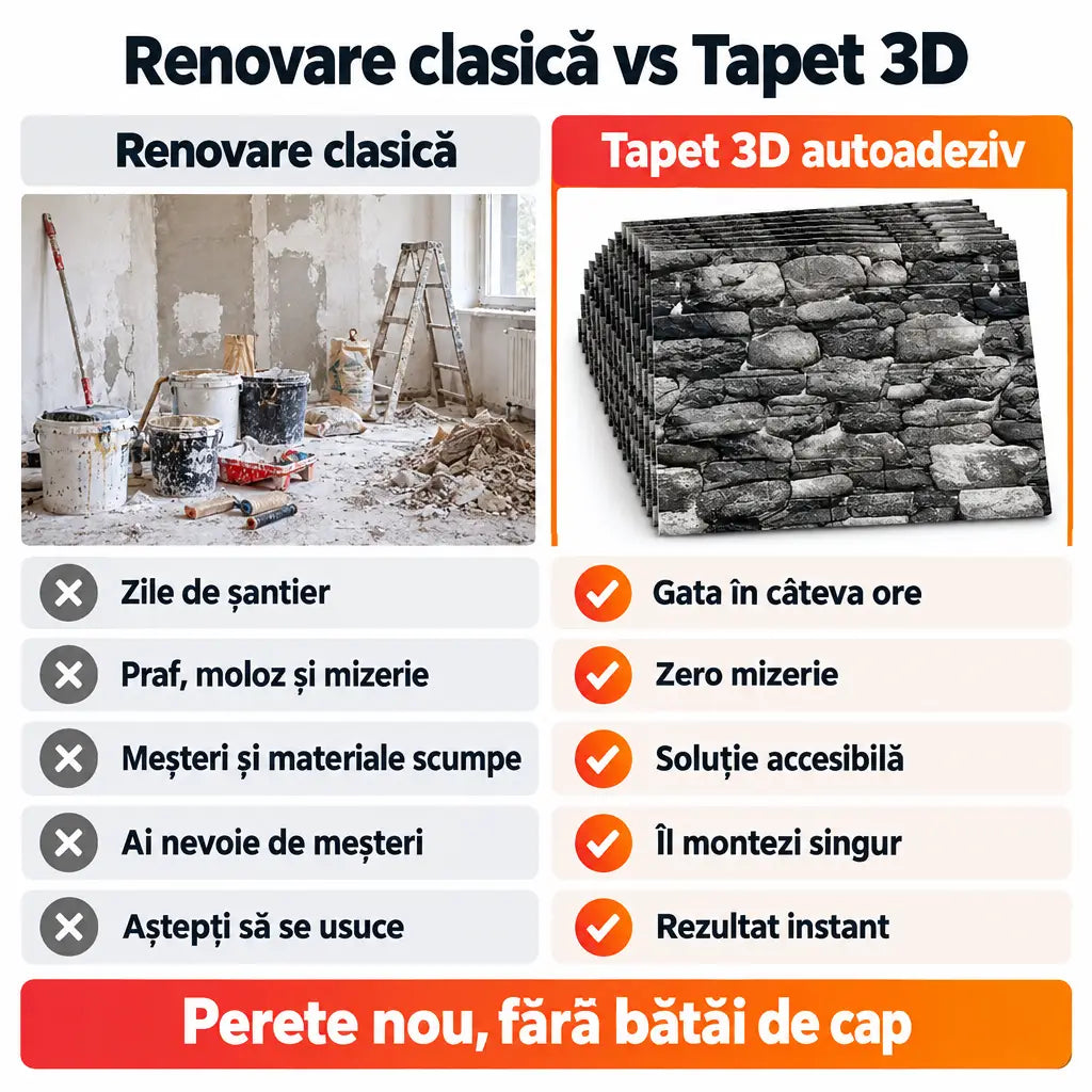 Renovare clasică vs tapet 3D autoadeziv
