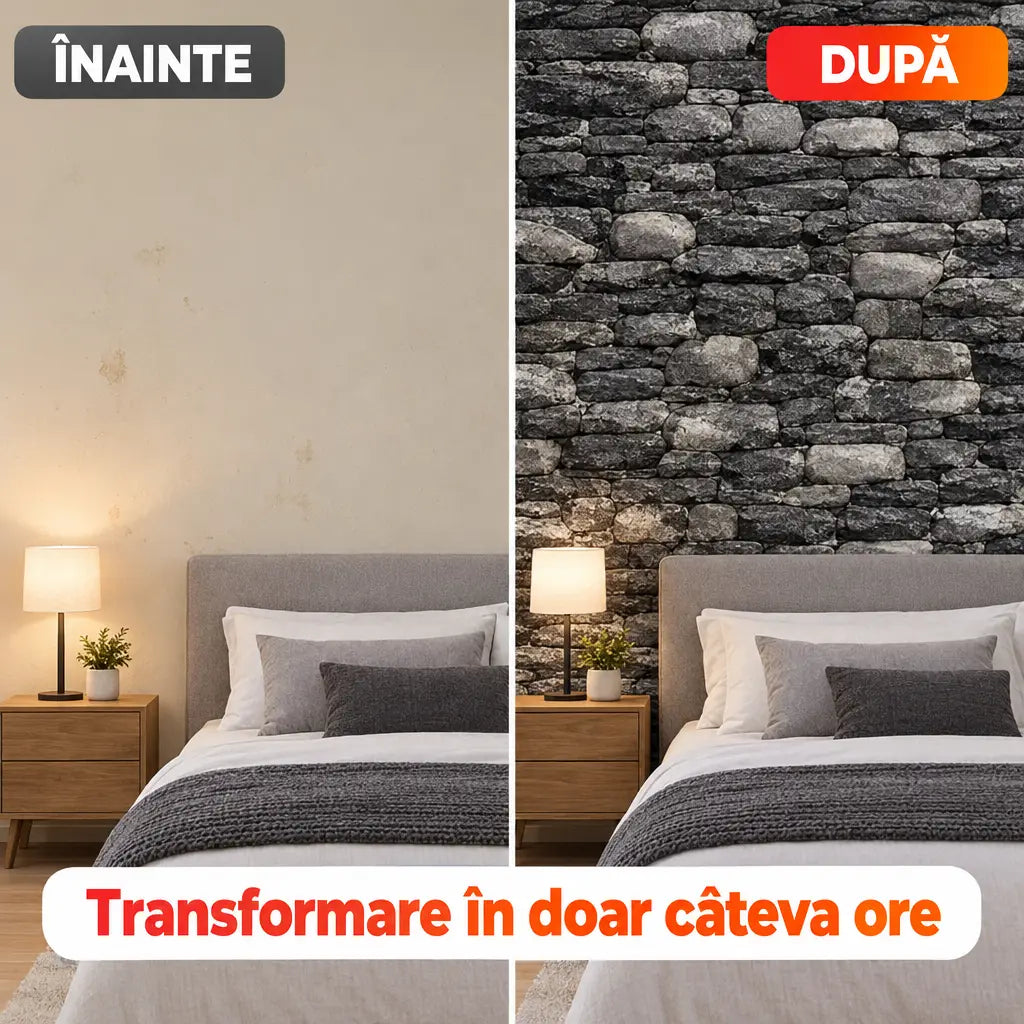 Înainte și după montajul tapetului 3D piatră de râu gri închis