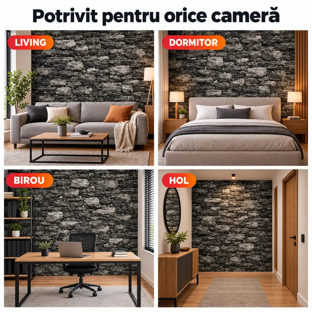 Tapet 3D piatră gri închis potrivit pentru living, dormitor, birou și hol