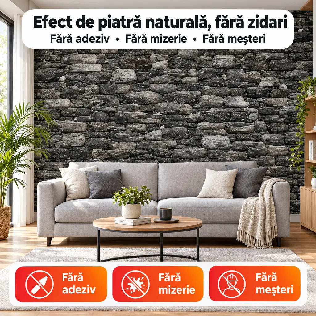 Tapet 3D cărămizi de râu gri închis T96 în living – efect de piatră naturală