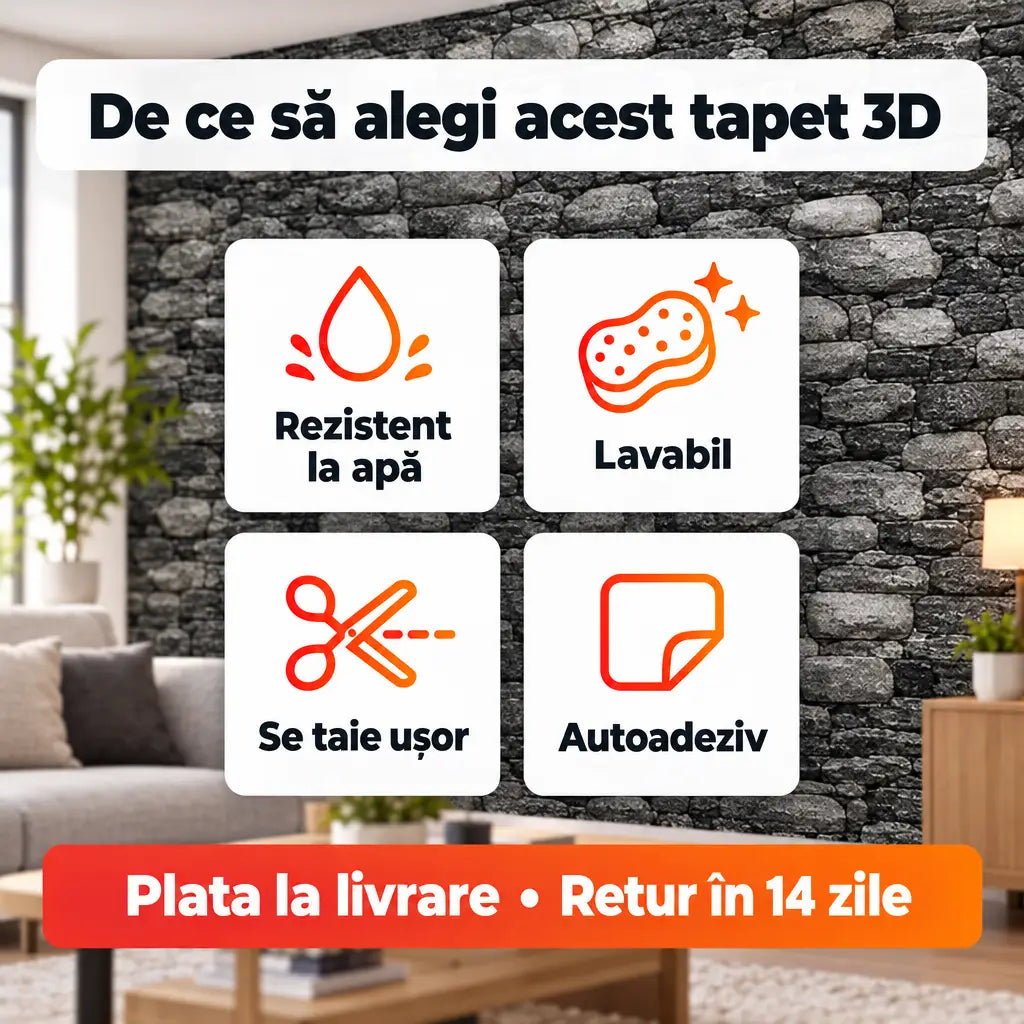 Avantaje tapet 3D: rezistent la apă, lavabil, se taie ușor, autoadeziv