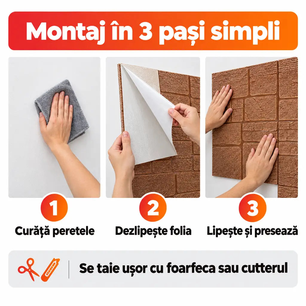 Montaj tapet 3D autoadeziv în 3 pași simpli