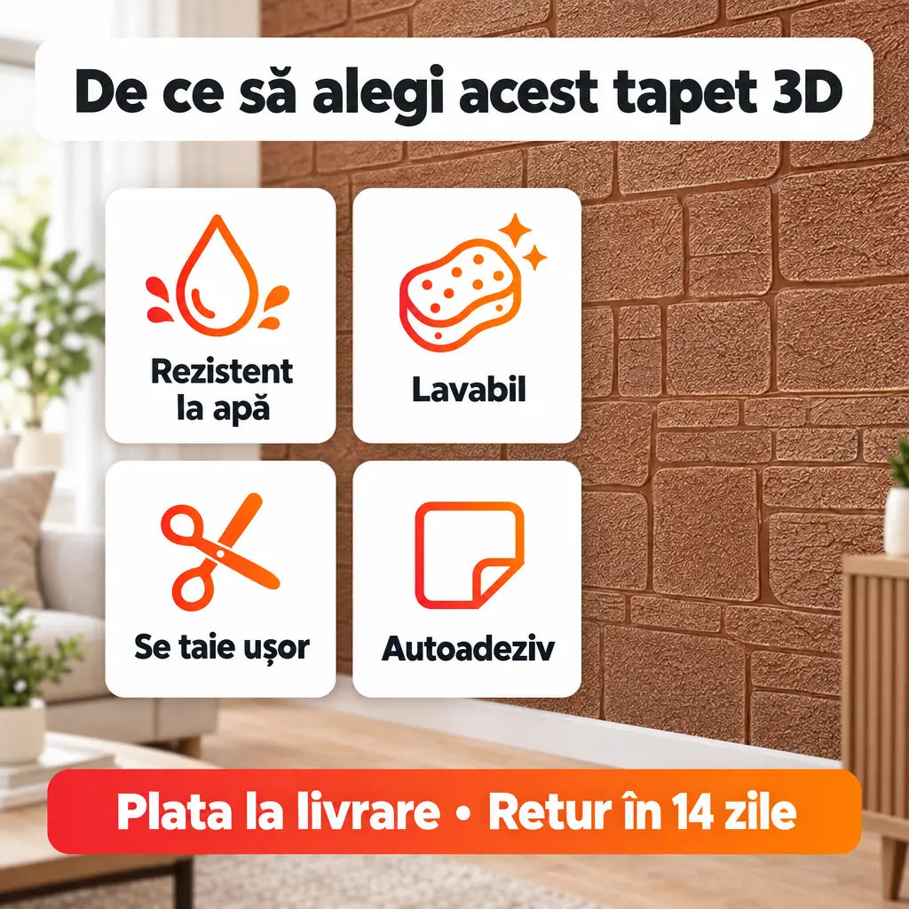 Avantaje tapet 3D: rezistent la apă, lavabil, se taie ușor, autoadeziv