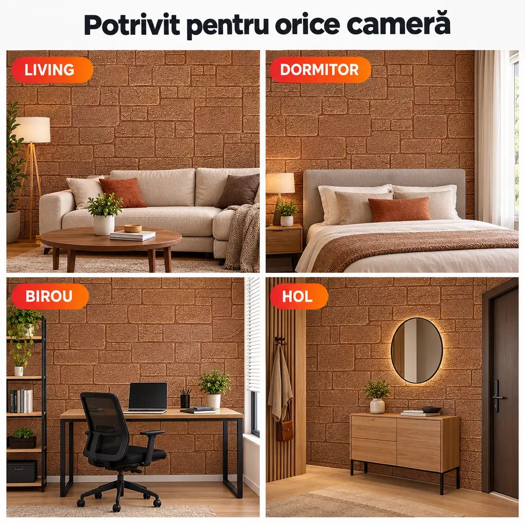 Tapet 3D cărămidă maro potrivit pentru living, dormitor, birou și hol