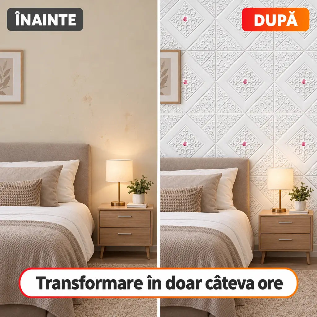 Înainte și după montajul tapetului 3D romburi cu diamante roz