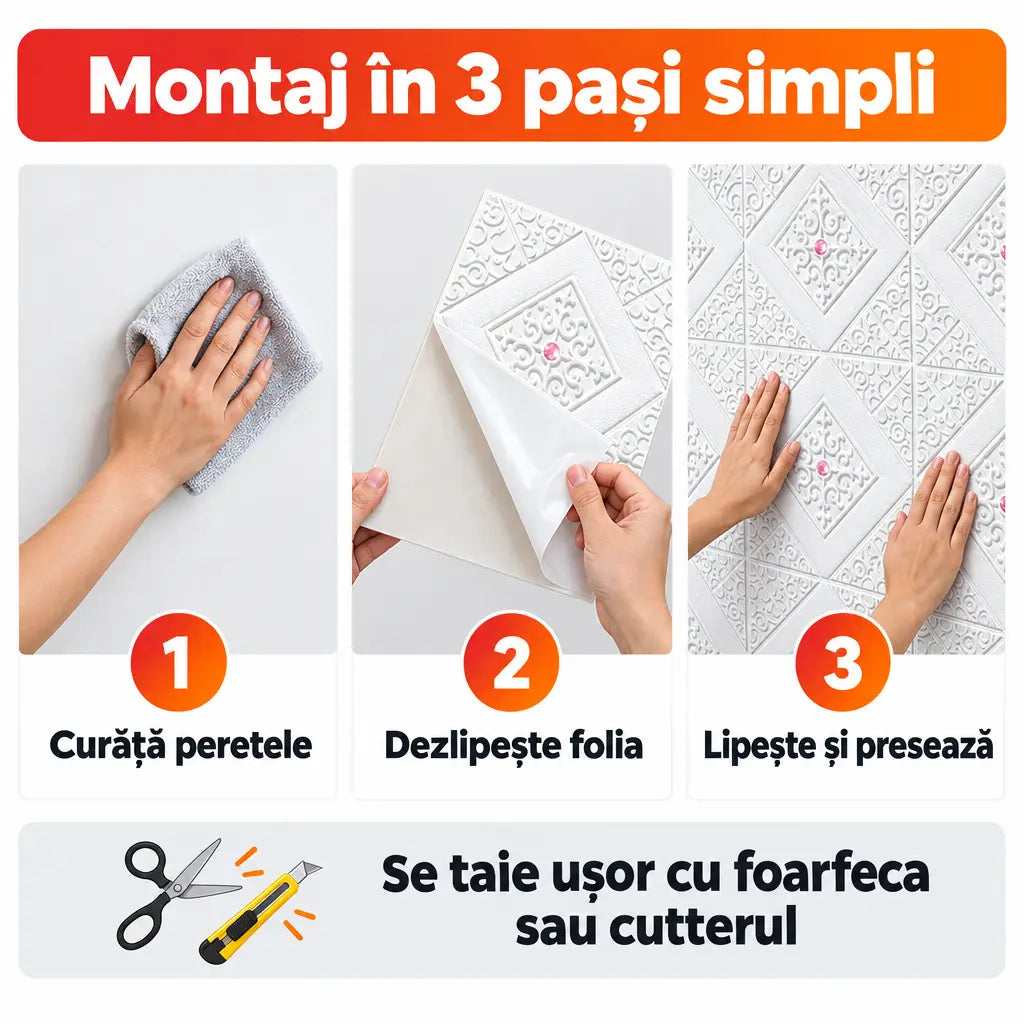 Montaj tapet 3D autoadeziv în 3 pași simpli