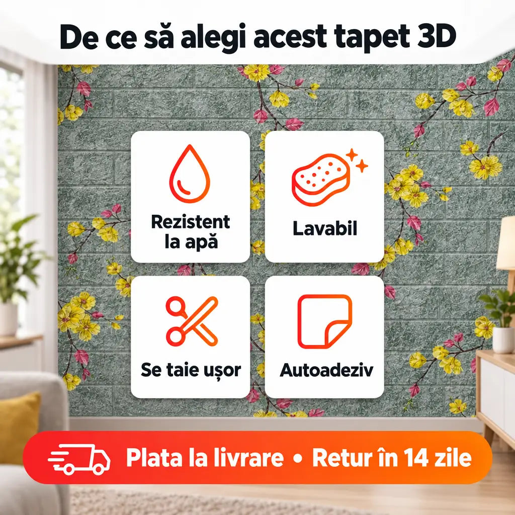 Avantaje tapet 3D: rezistent la apă, lavabil, se taie ușor, autoadeziv