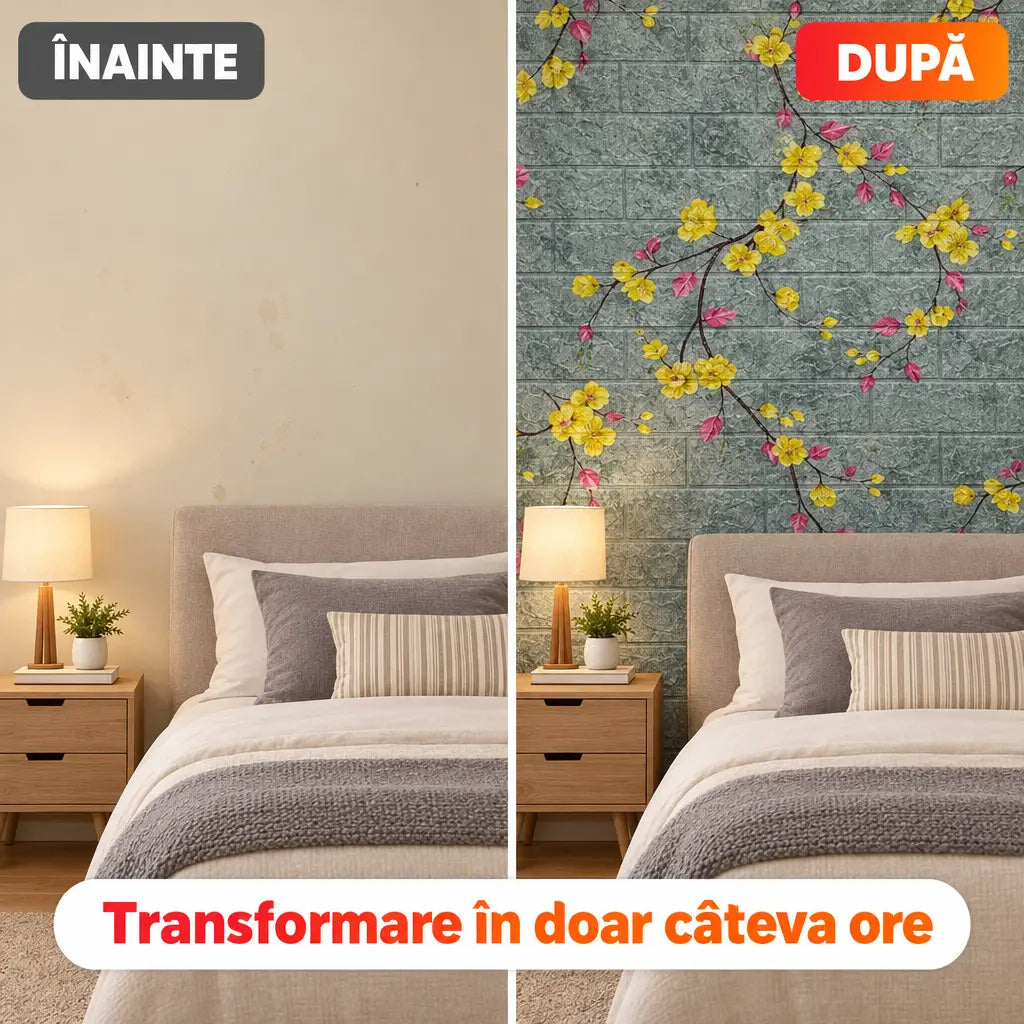 Înainte și după montajul tapetului 3D floral albastru/galben