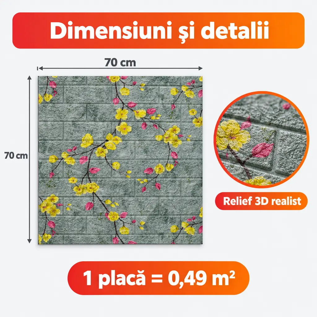 Dimensiuni placă tapet 3D floral: 70x70 cm, 0,49 m²