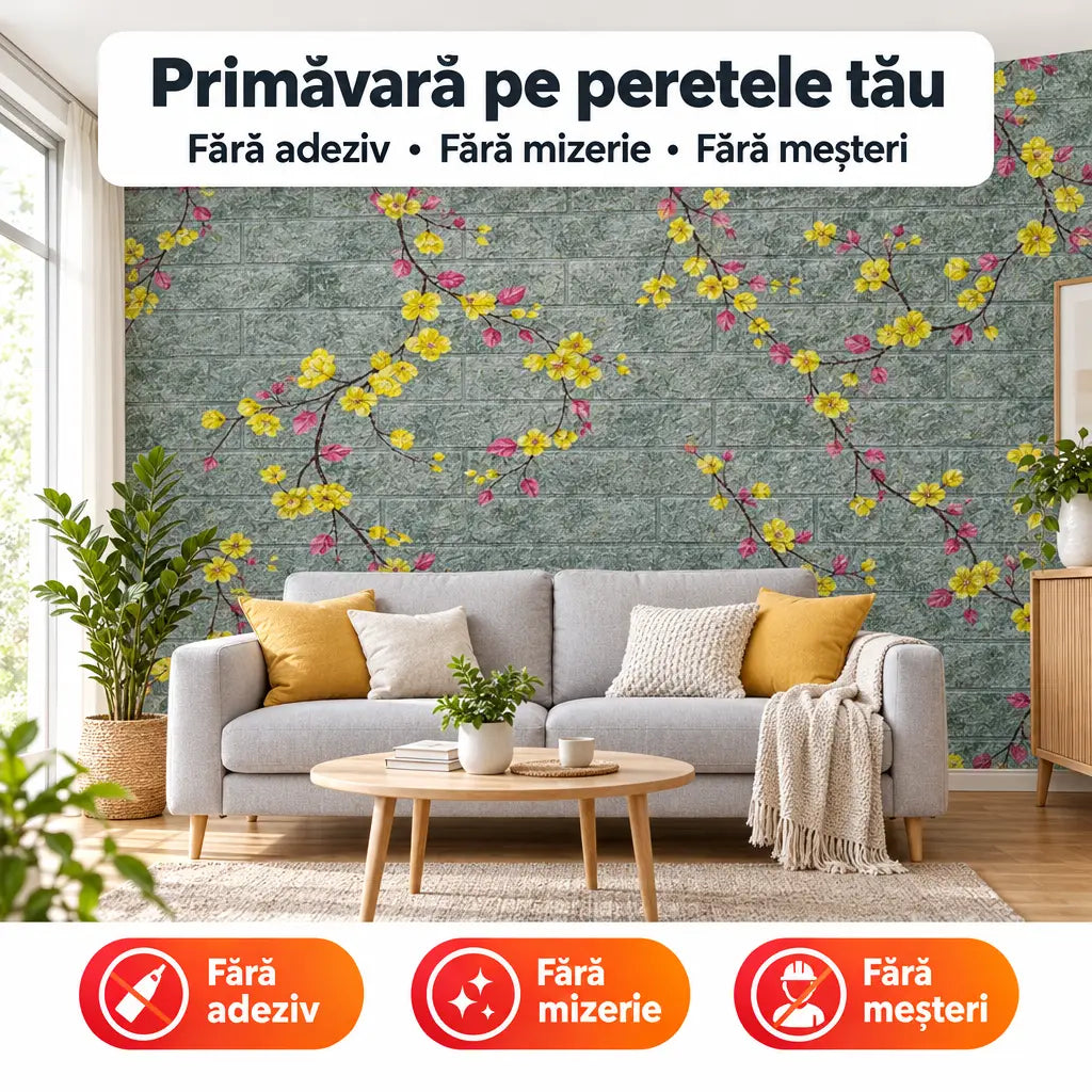 Tapet 3D floral albastru/galben în living – primăvară pe peretele tău