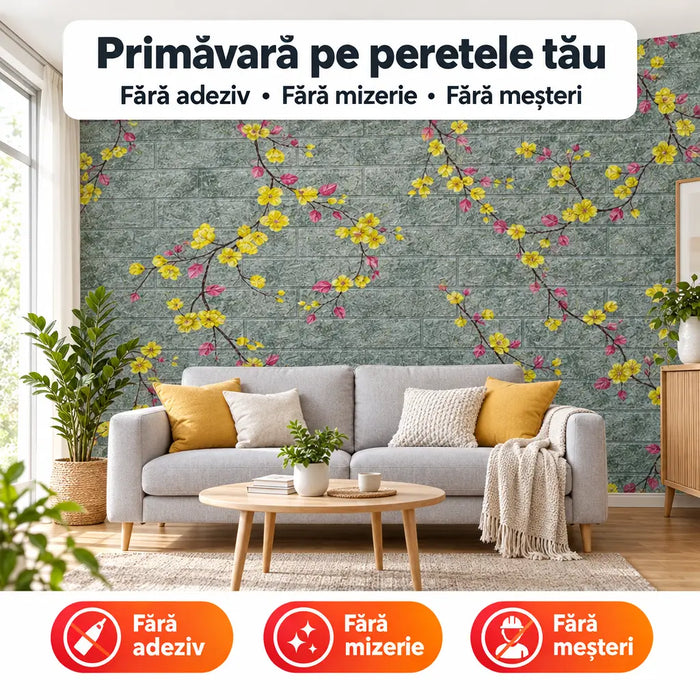 Tapet 3D Autoadeziv Model Floral, Albastru/Galben – imagine 2