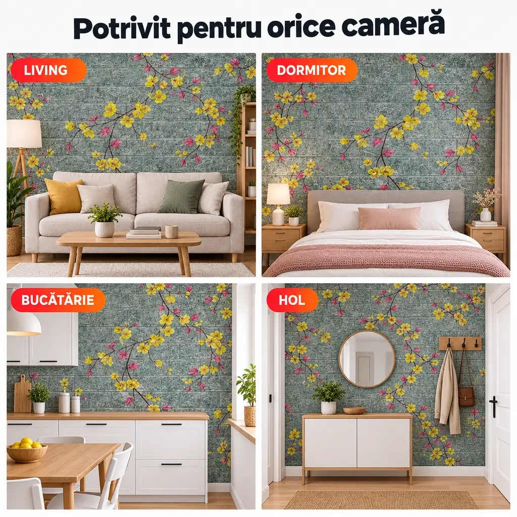 Tapet 3D floral potrivit pentru living, dormitor, bucătărie și hol