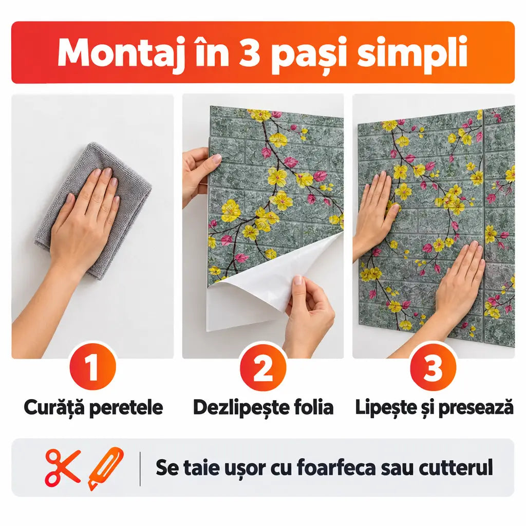 Montaj tapet 3D autoadeziv în 3 pași simpli